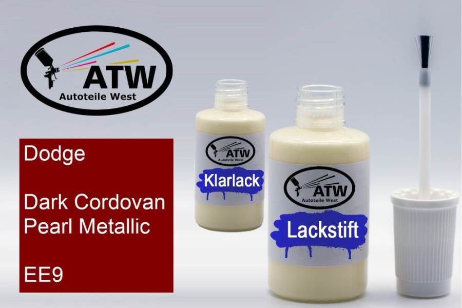 Dodge, Dark Cordovan Pearl Metallic, EE9: 20ml Lackstift + 20ml Klarlack - Set, von ATW Autoteile West.